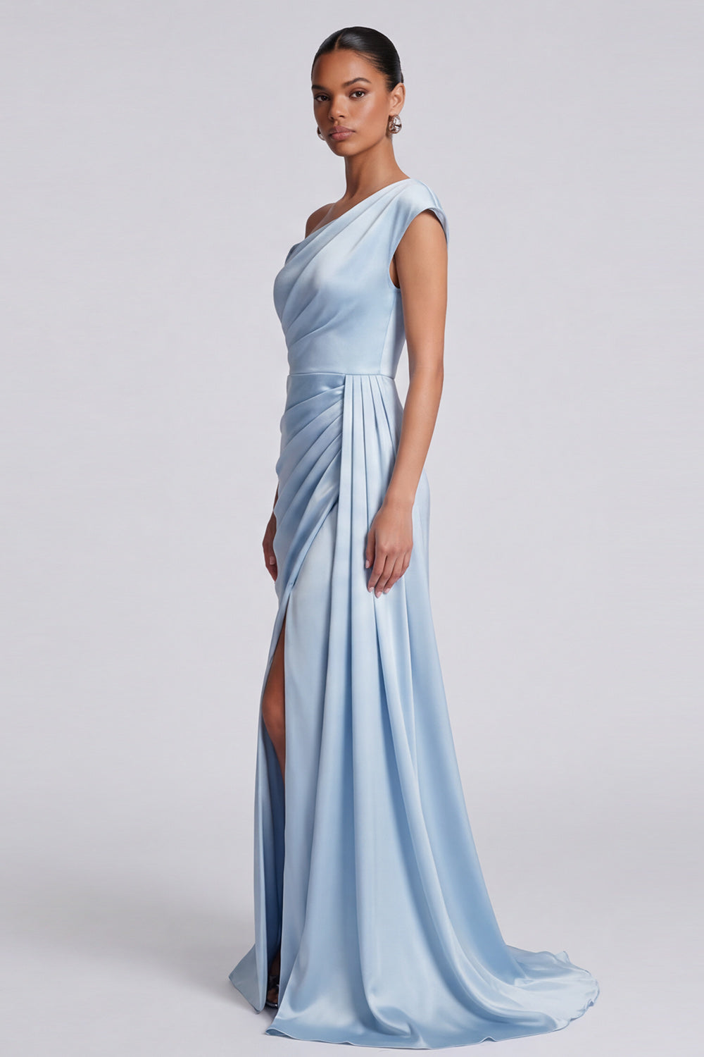 Sky Blue Ruched One Shoulder Long Mermaid Formal Dress with Side Cape