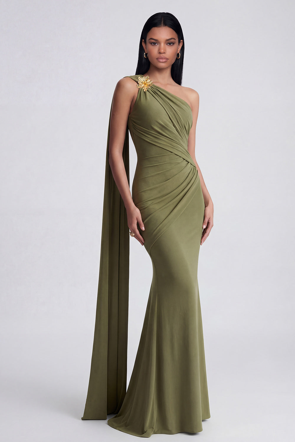 Olive Floral Ruched One Shoulder Long Mermaid Formal Dress with Side Cape