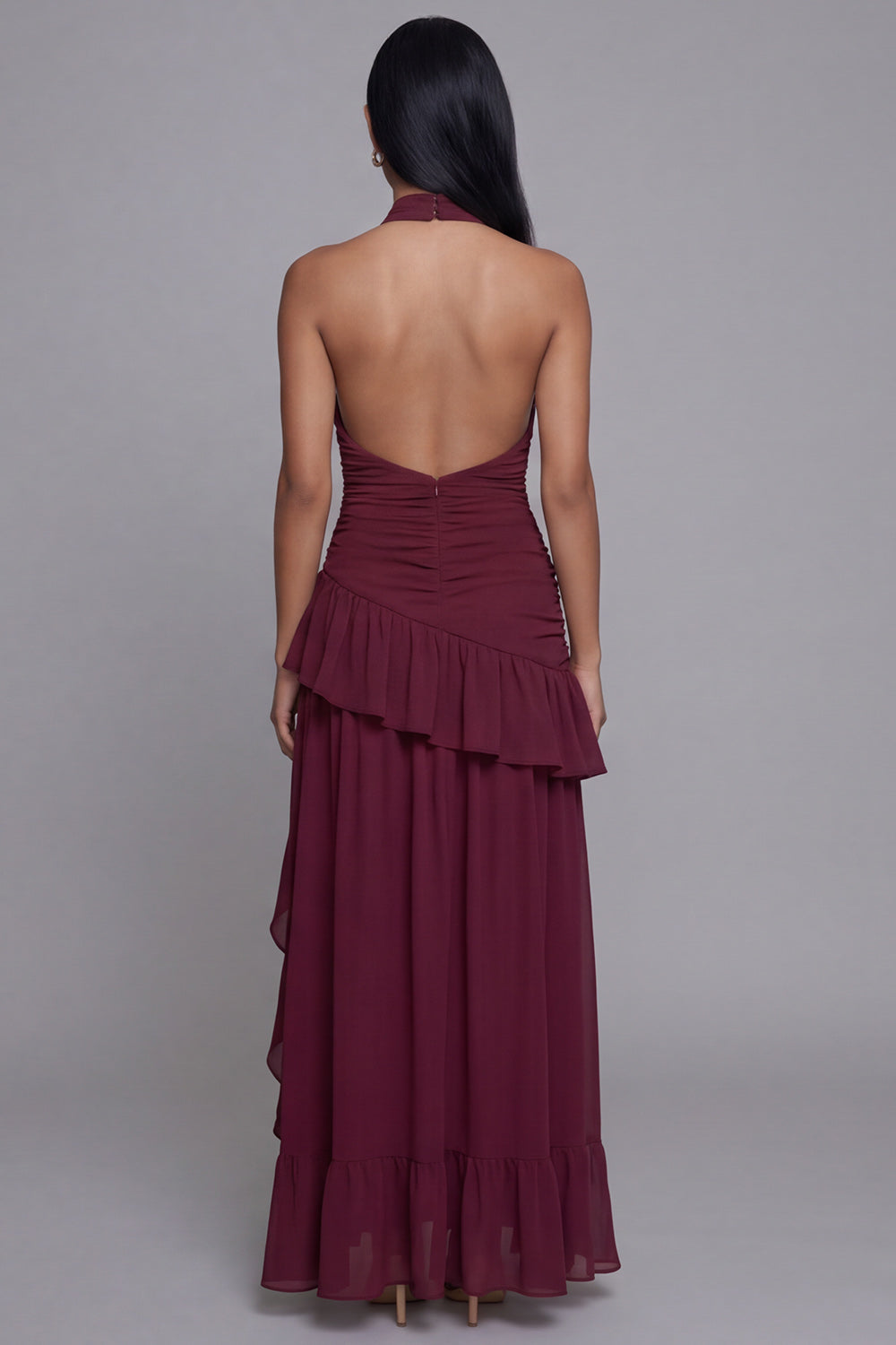 Burgundy Ruffled Halter Backless Keyhole Ruched Long A Line Formal Dress with Slit