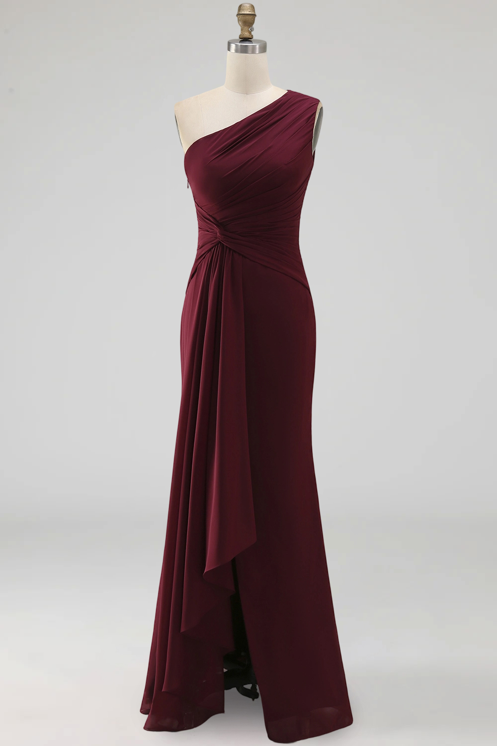 Burgundy Ruched Long Mermaid One Shoulder Formal Dress with Ruffles