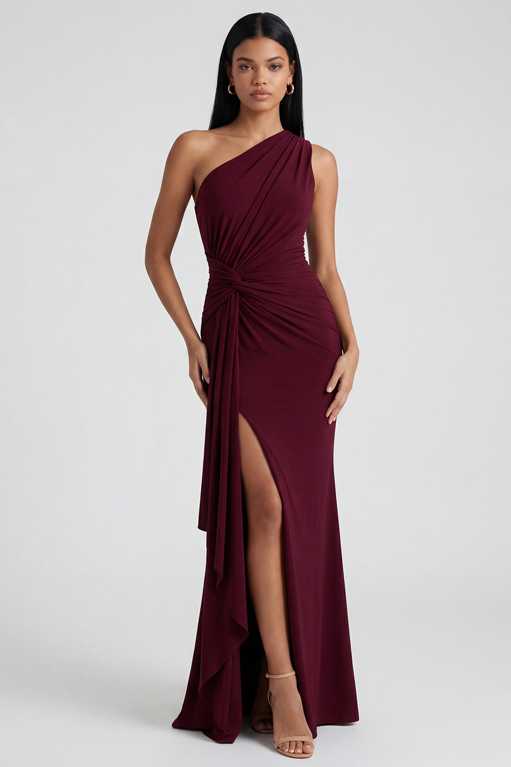 Burgundy Ruched Long Mermaid One Shoulder Formal Dress with Ruffles