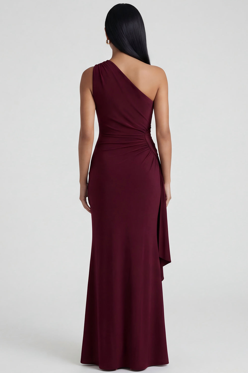 Burgundy Ruched Long Mermaid One Shoulder Formal Dress with Ruffles