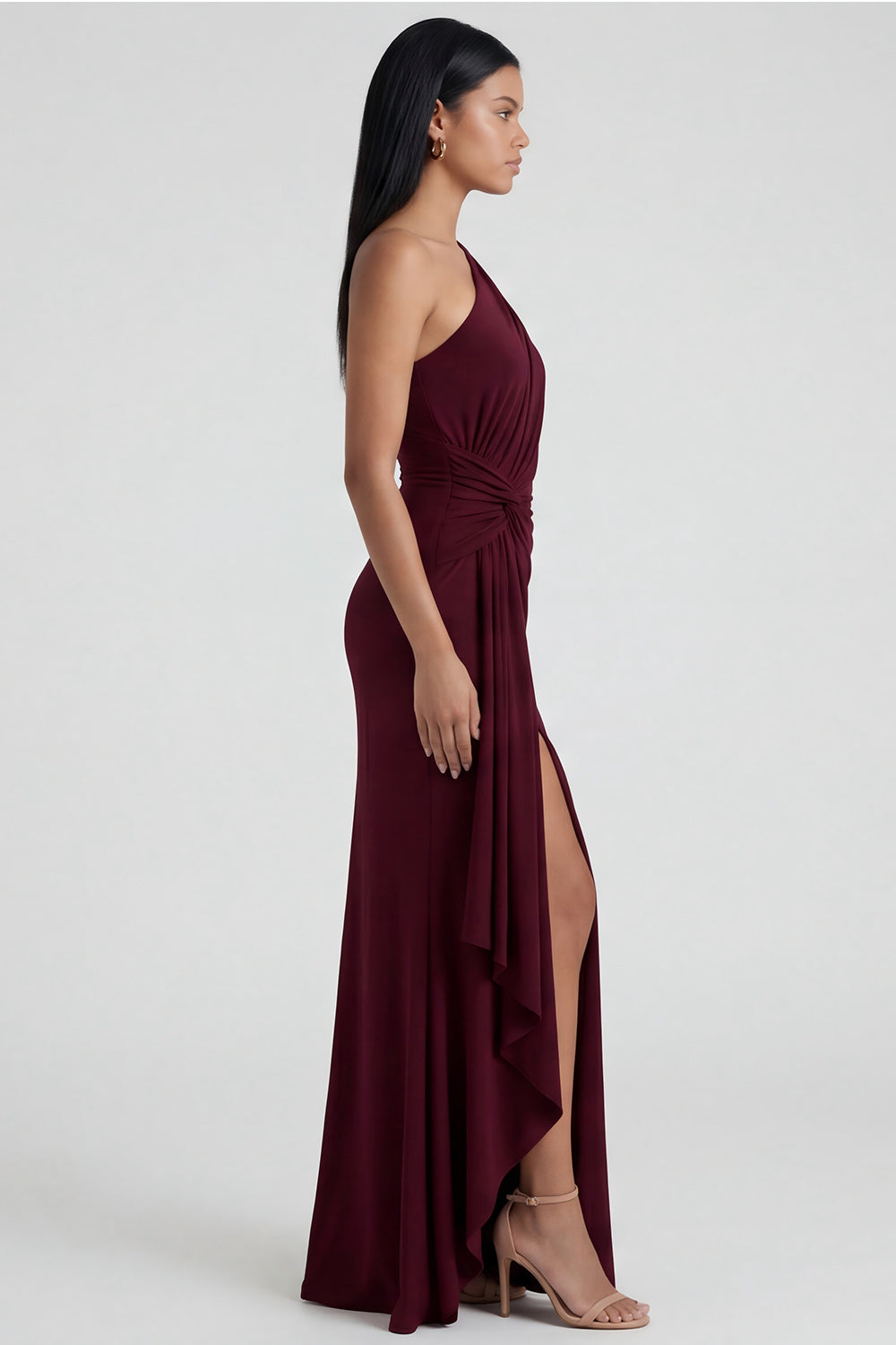 Burgundy Ruched Long Mermaid One Shoulder Formal Dress with Ruffles