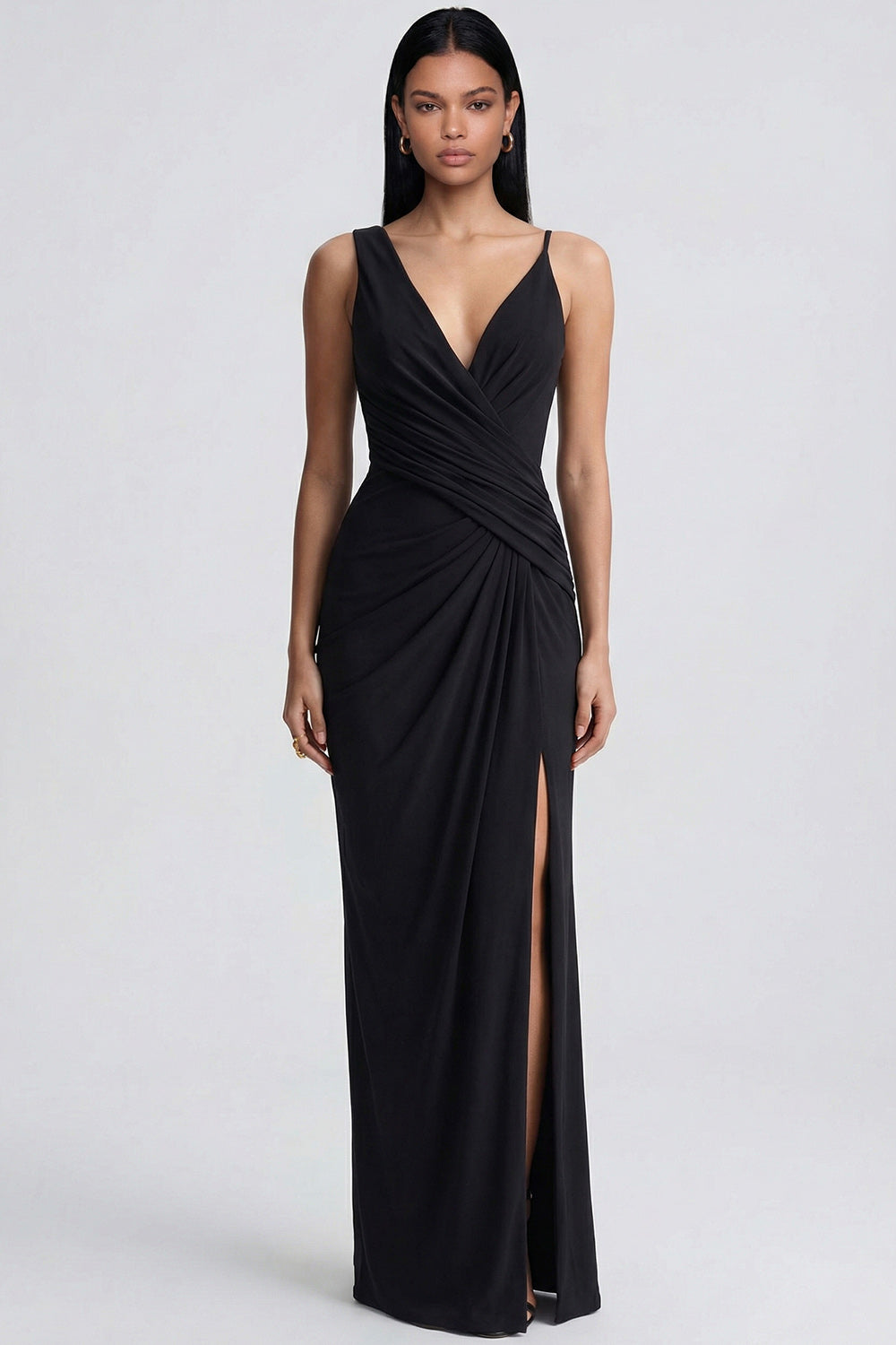 Black Ruched V-Neck Long Sheath Formal Dress with Slit