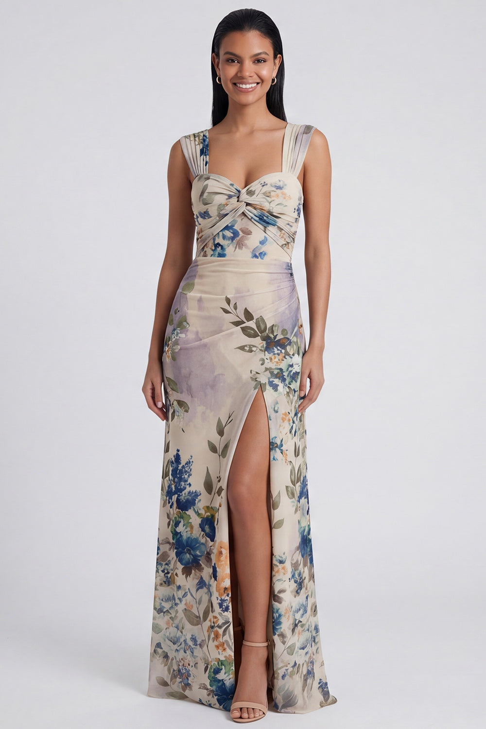 Ivory Long Floral Ruched Mermaid Formal Dress with Slit