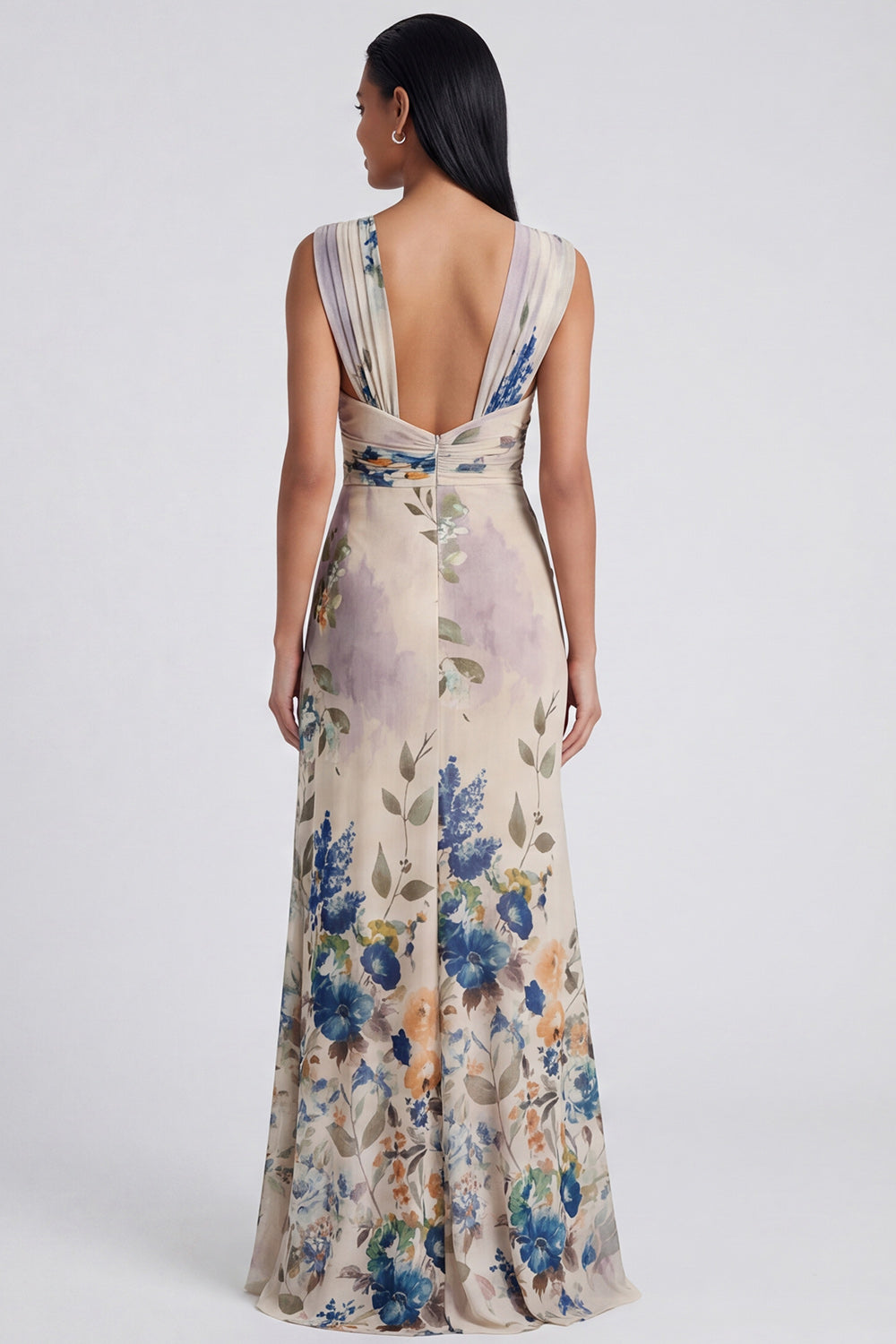 Ivory Long Floral Ruched Mermaid Formal Dress with Slit