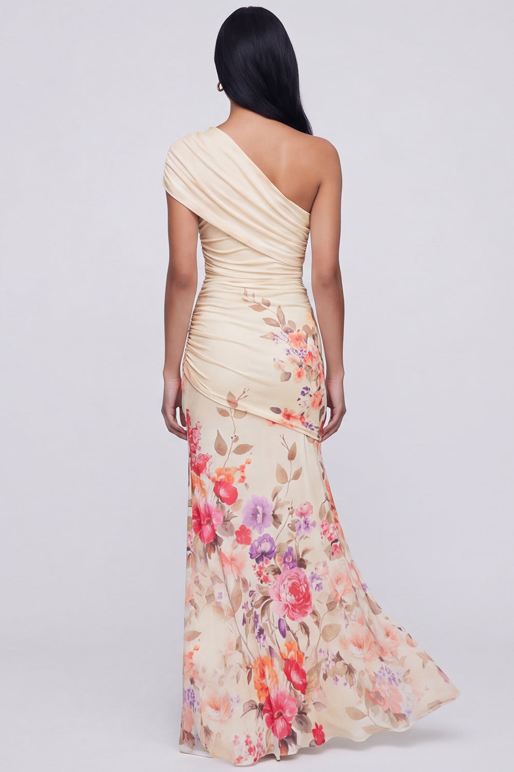 Champagne Floral Ruched One Shoulder Long Mermaid Formal Dress with Slit