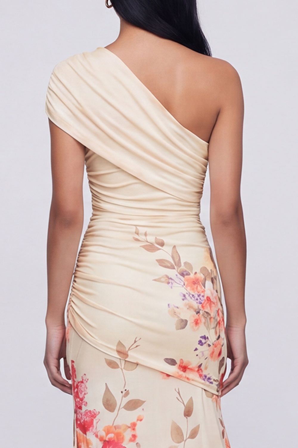 Champagne Floral Ruched One Shoulder Long Mermaid Formal Dress with Slit