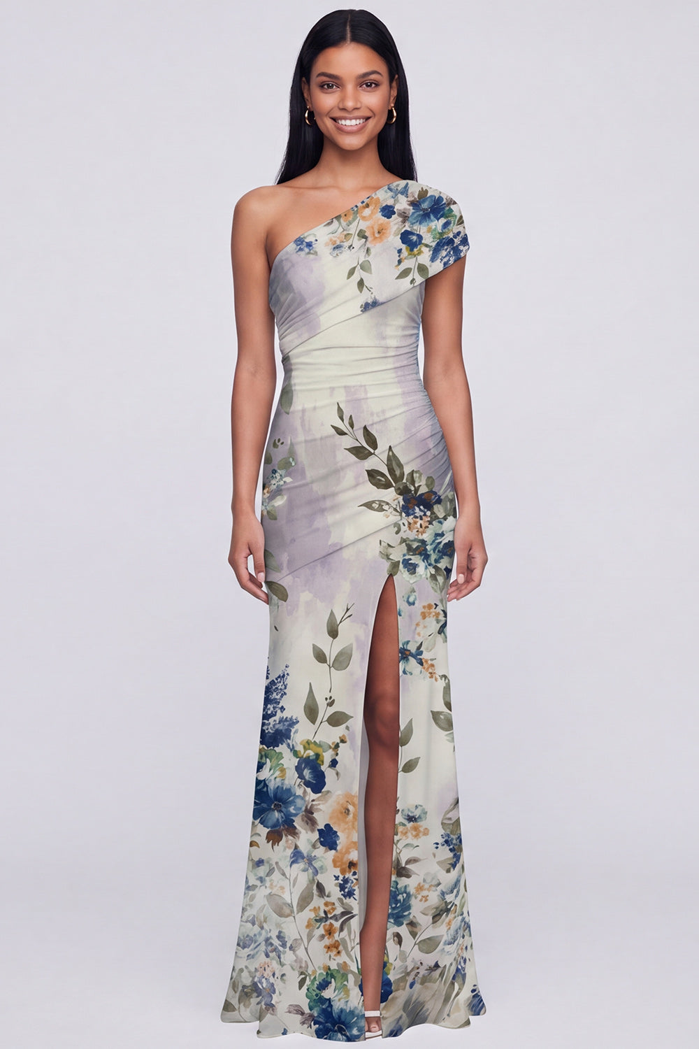 Champagne Floral Ruched One Shoulder Long Mermaid Formal Dress with Slit