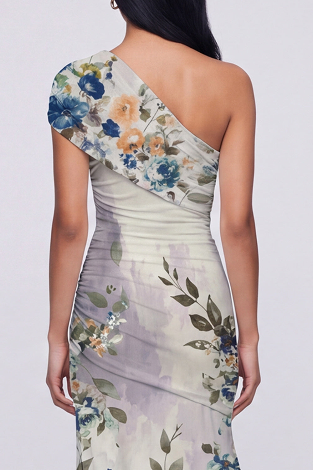 Champagne Floral Ruched One Shoulder Long Mermaid Formal Dress with Slit