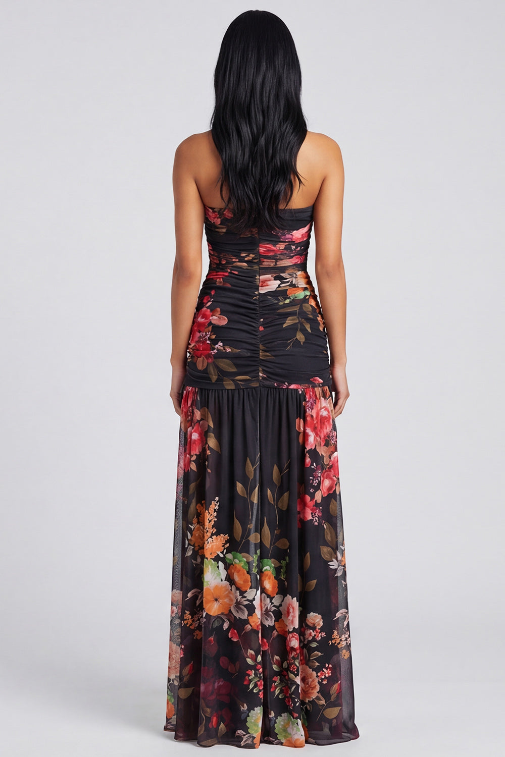 Ivory Strapless Ruched Floral Long A Line Formal Dress with Slit