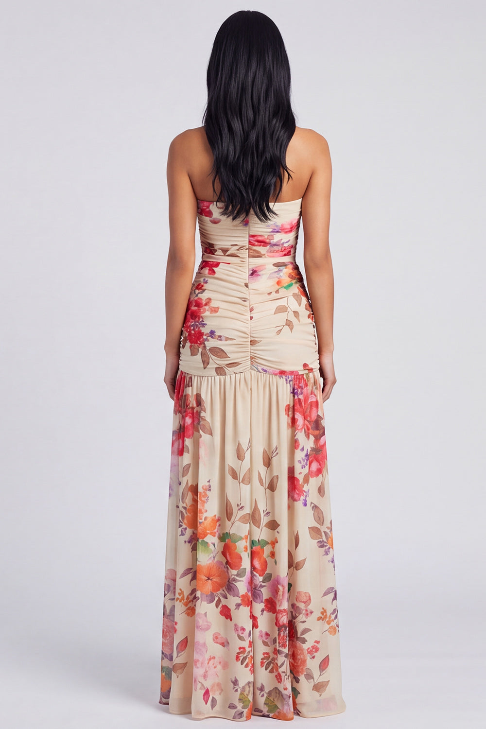 Ivory Strapless Ruched Floral Long A Line Formal Dress with Slit