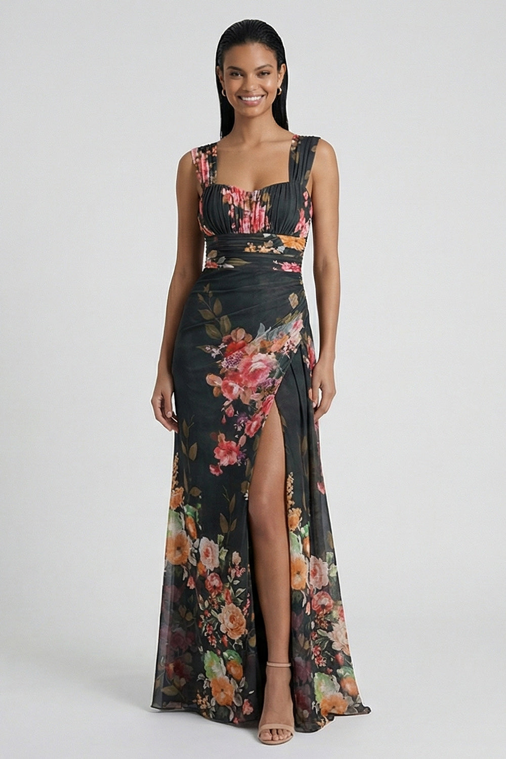 Black Floral Long Ruched Mermaid Formal Dress with Slit