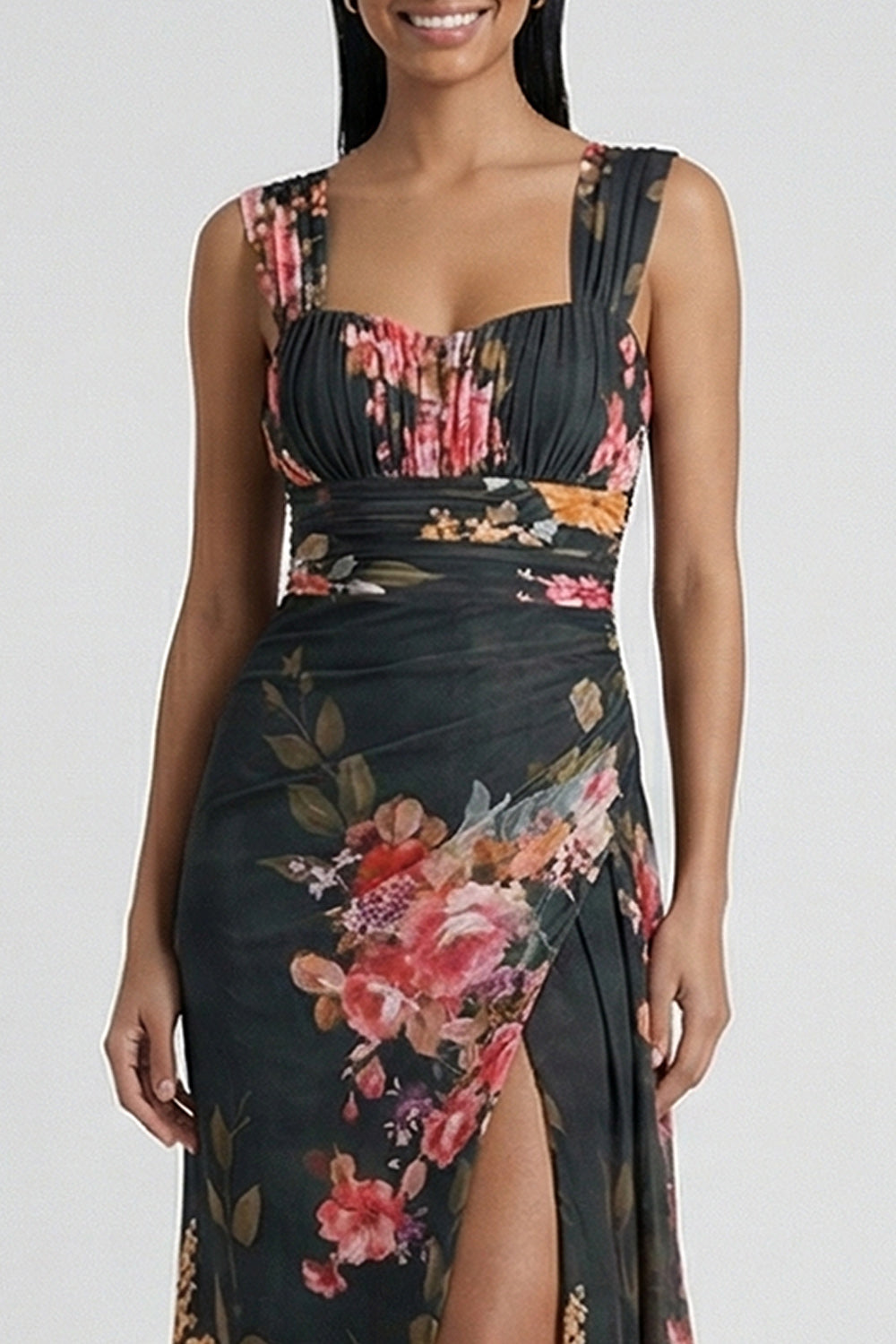 Black Floral Long Ruched Mermaid Formal Dress with Slit