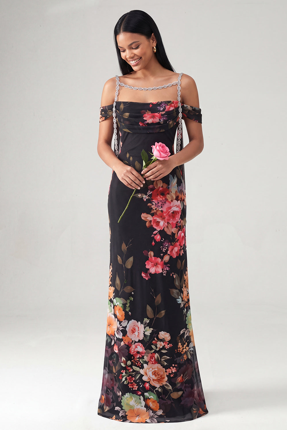Black Off the Shoulder Floral Ruched Long Beaded Mermaid Formal Dress with Cape