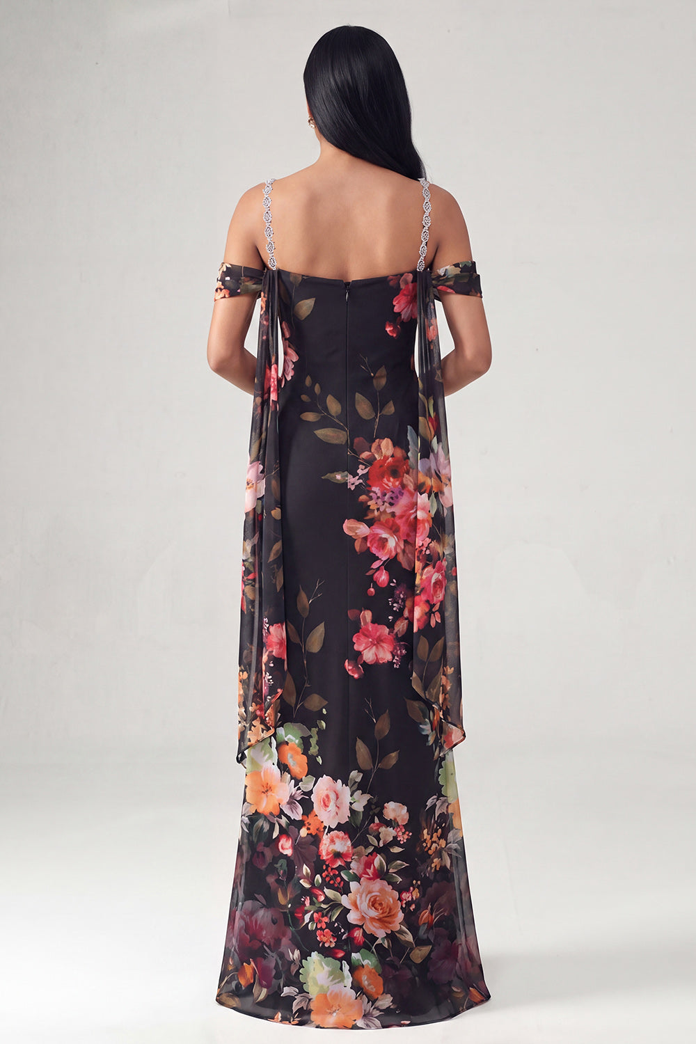 Black Off the Shoulder Floral Ruched Long Beaded Mermaid Formal Dress with Cape