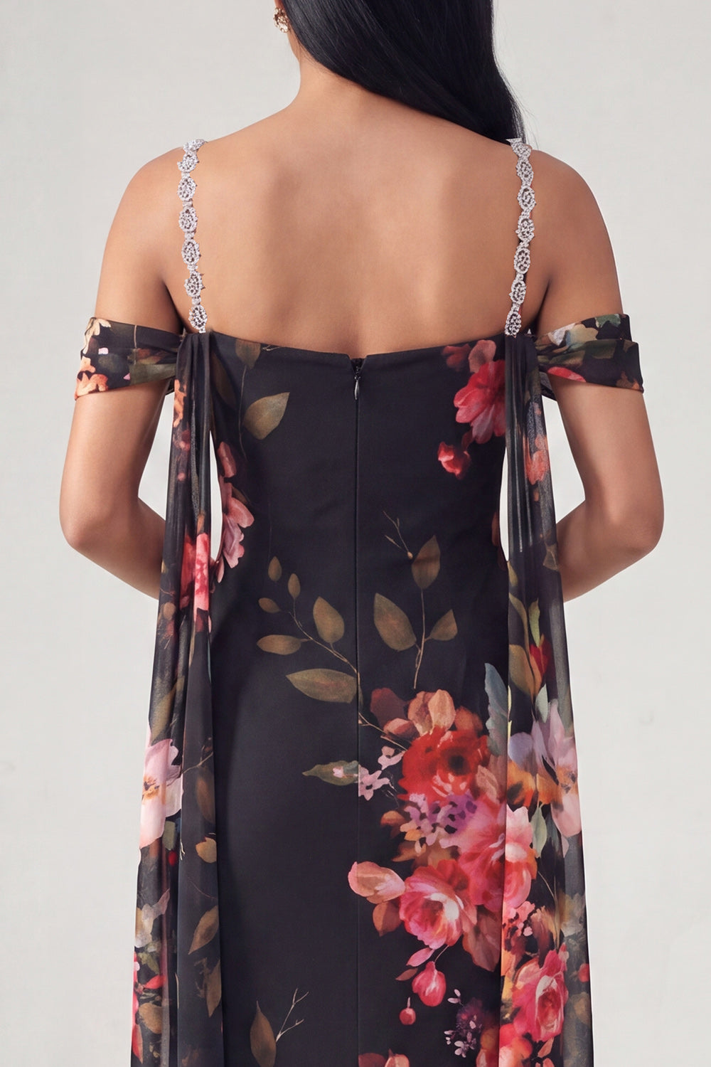 Black Off the Shoulder Floral Ruched Long Beaded Mermaid Formal Dress with Cape