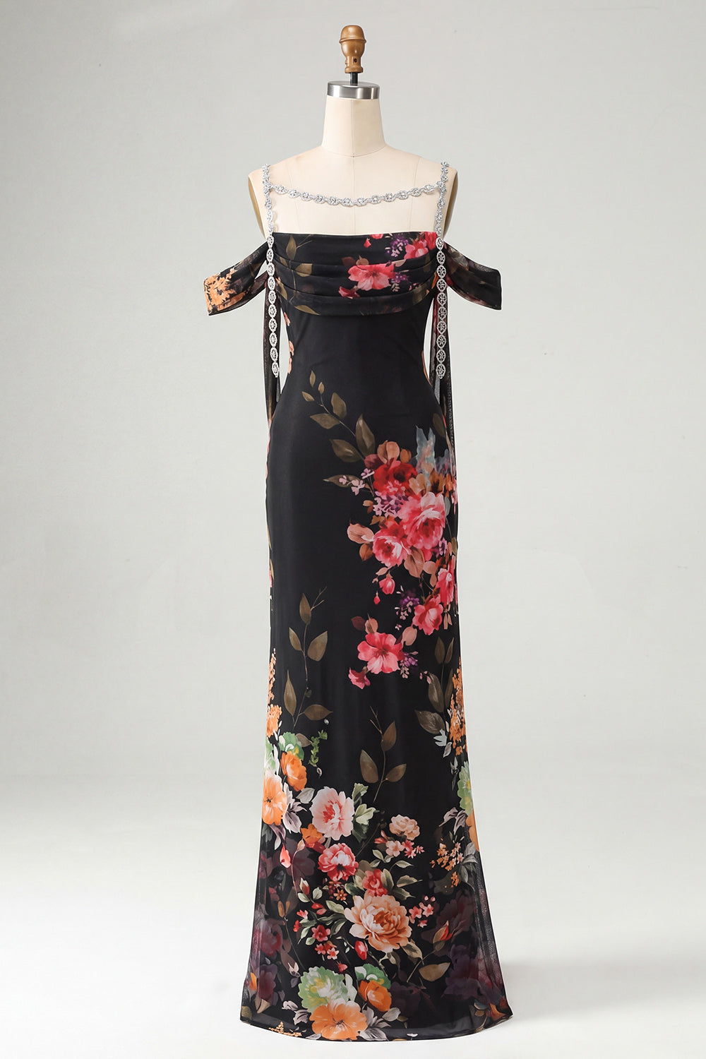 Black Off the Shoulder Floral Ruched Long Beaded Mermaid Formal Dress with Cape