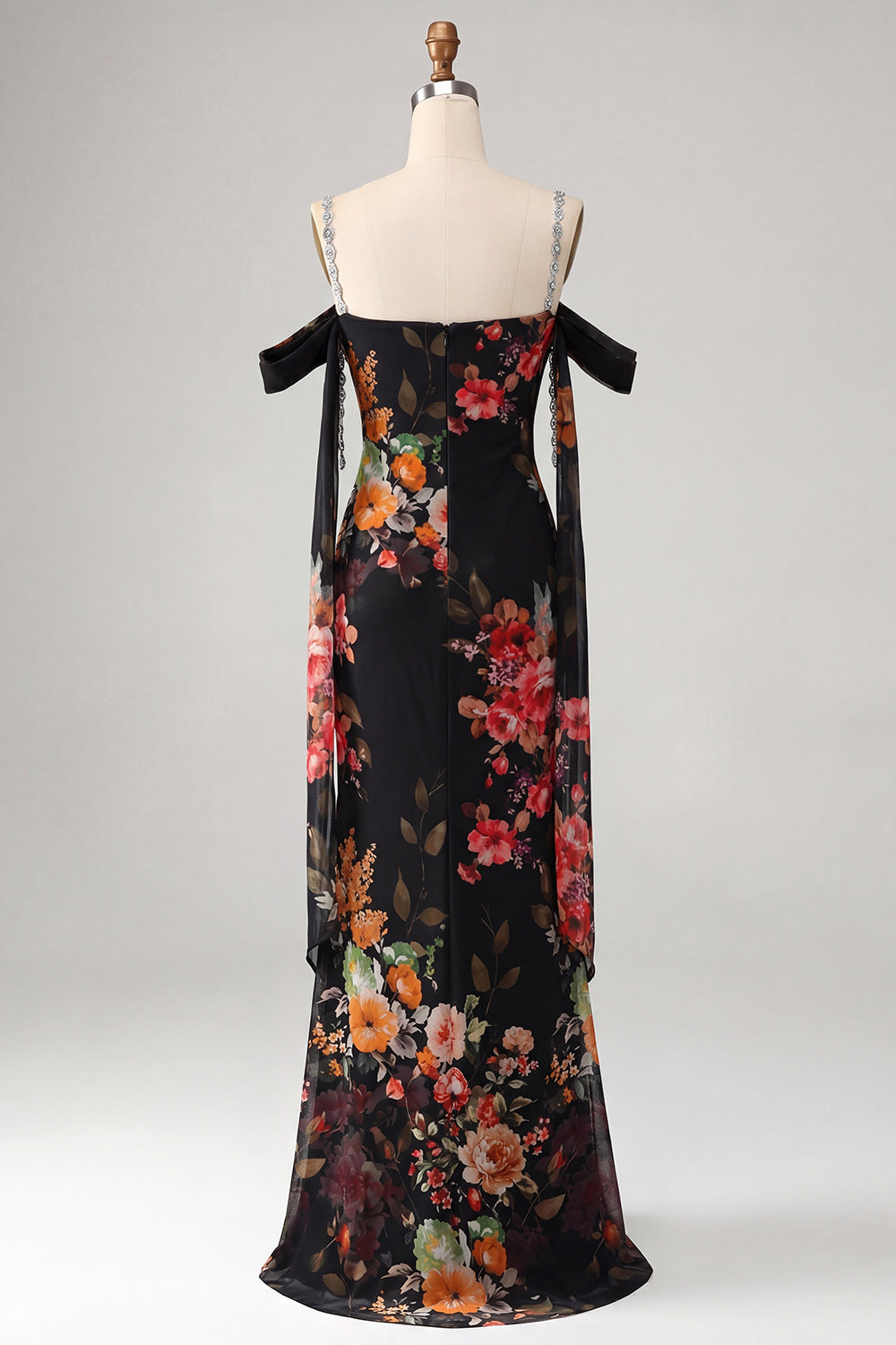 Black Off the Shoulder Floral Ruched Long Beaded Mermaid Formal Dress with Cape