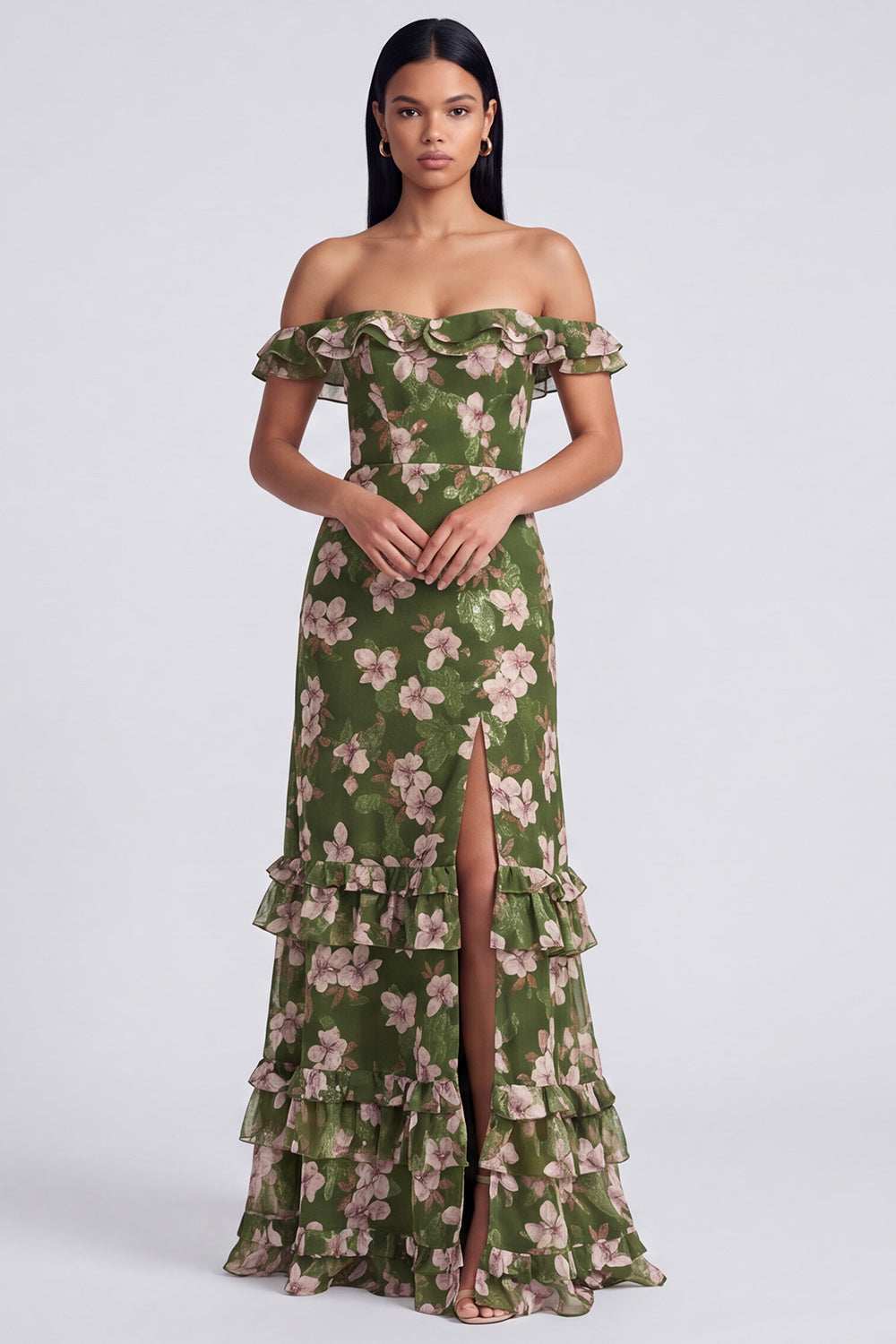 Dark Green Ruffled Off the Shoulder Floral Long A Line Formal Dress with Slit