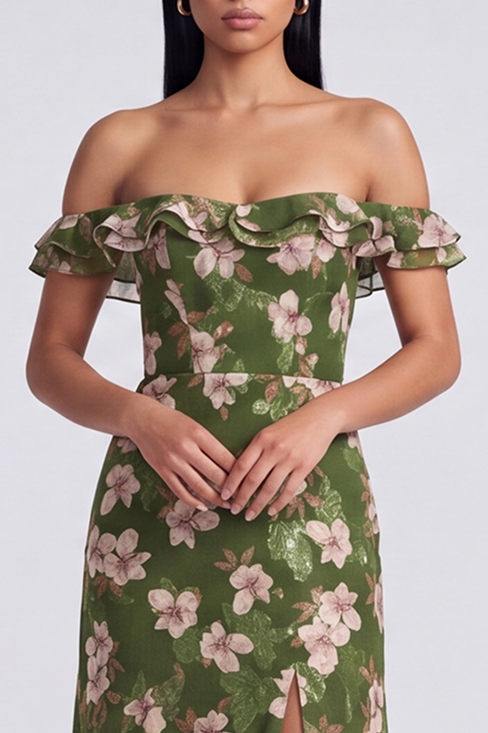 Dark Green Ruffled Off the Shoulder Floral Long A Line Formal Dress with Slit