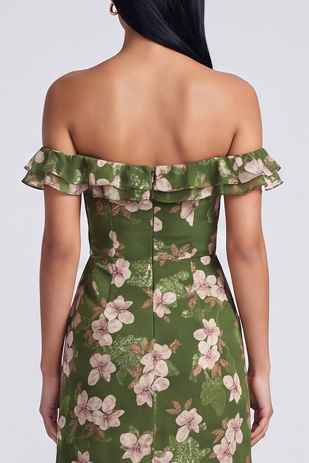 Dark Green Ruffled Off the Shoulder Floral Long A Line Formal Dress with Slit