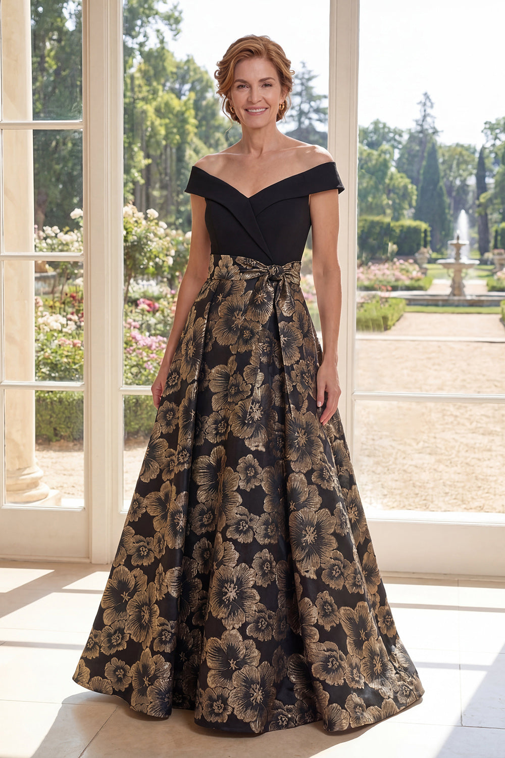 A Line Long Black Floral Off the Shoulder Mother of the Bride Dress