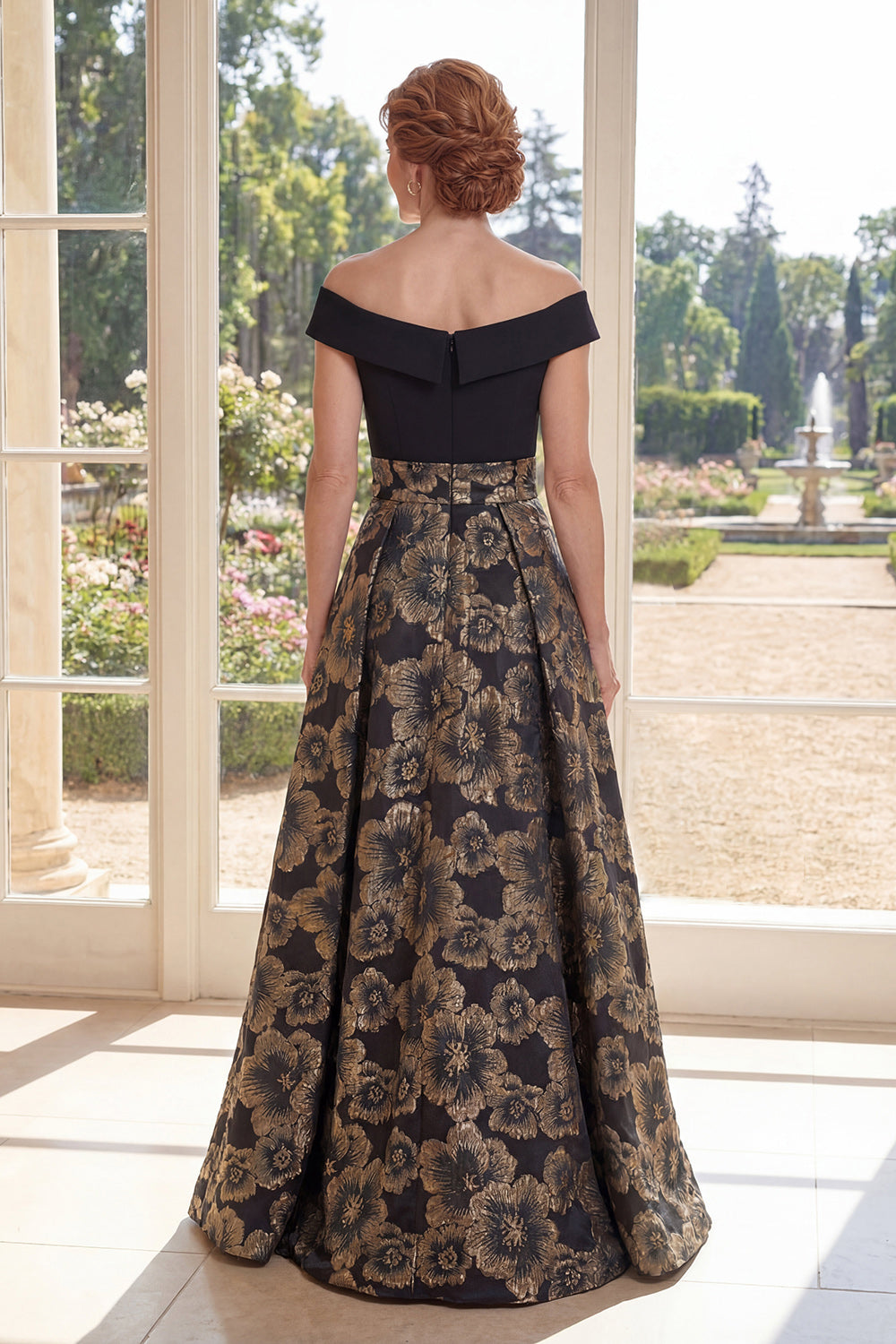 A Line Long Black Floral Off the Shoulder Mother of the Bride Dress