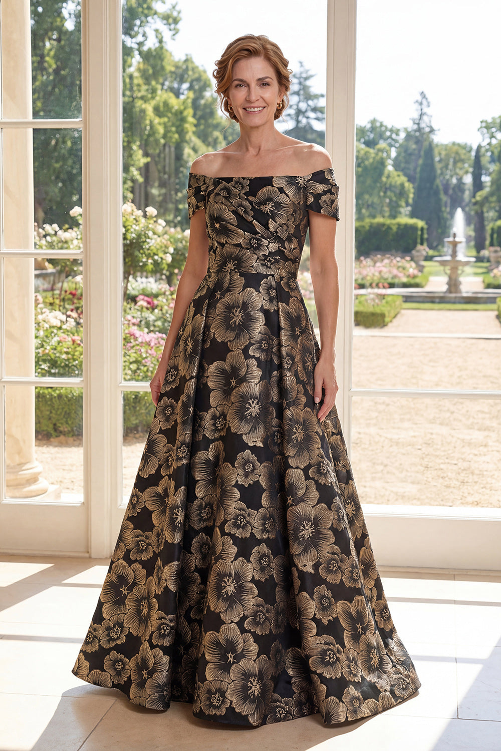 Off the Shoulder A Line Long Ruched Black Floral Mother of the Bride Dress