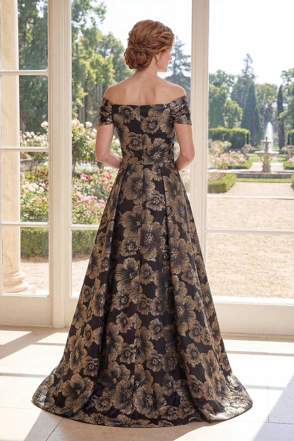 Off the Shoulder A Line Long Ruched Black Floral Mother of the Bride Dress