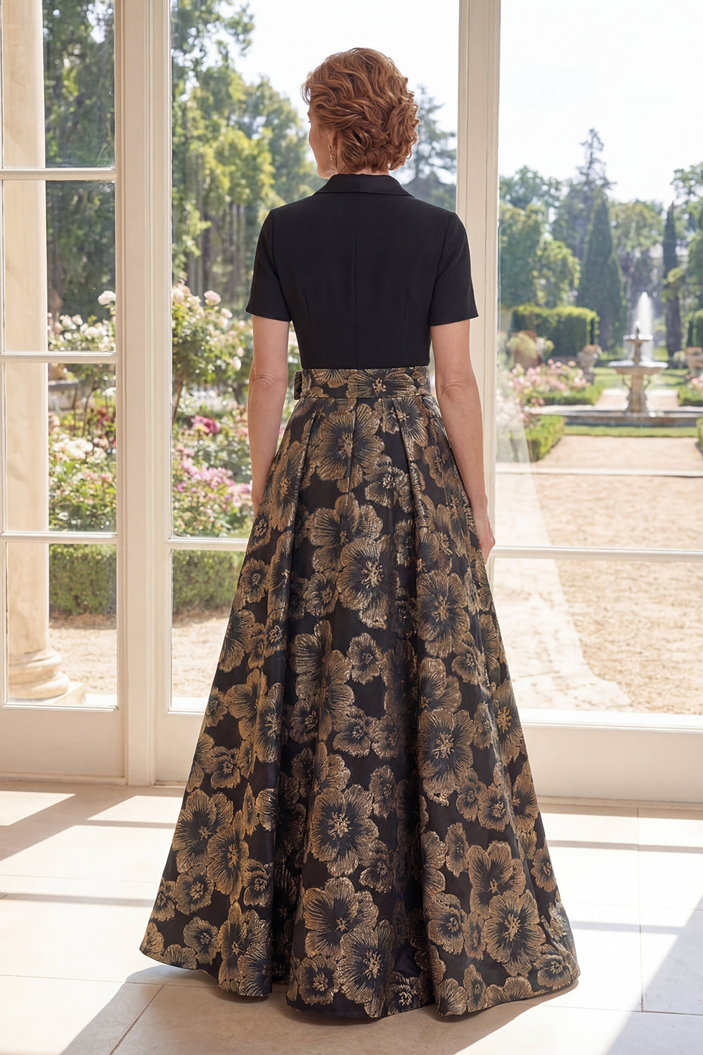 Black Floral Notched Lapel Long A Line Mother of the Bride Dress with Bow
