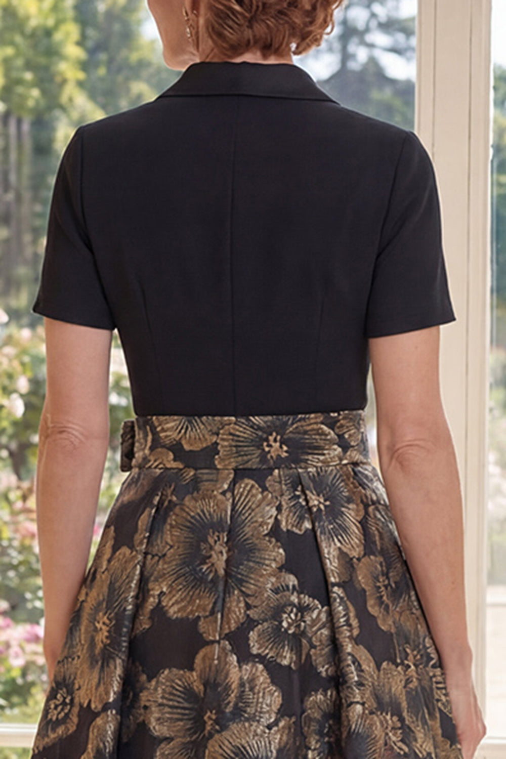 Black Floral Notched Lapel Long A Line Mother of the Bride Dress with Bow