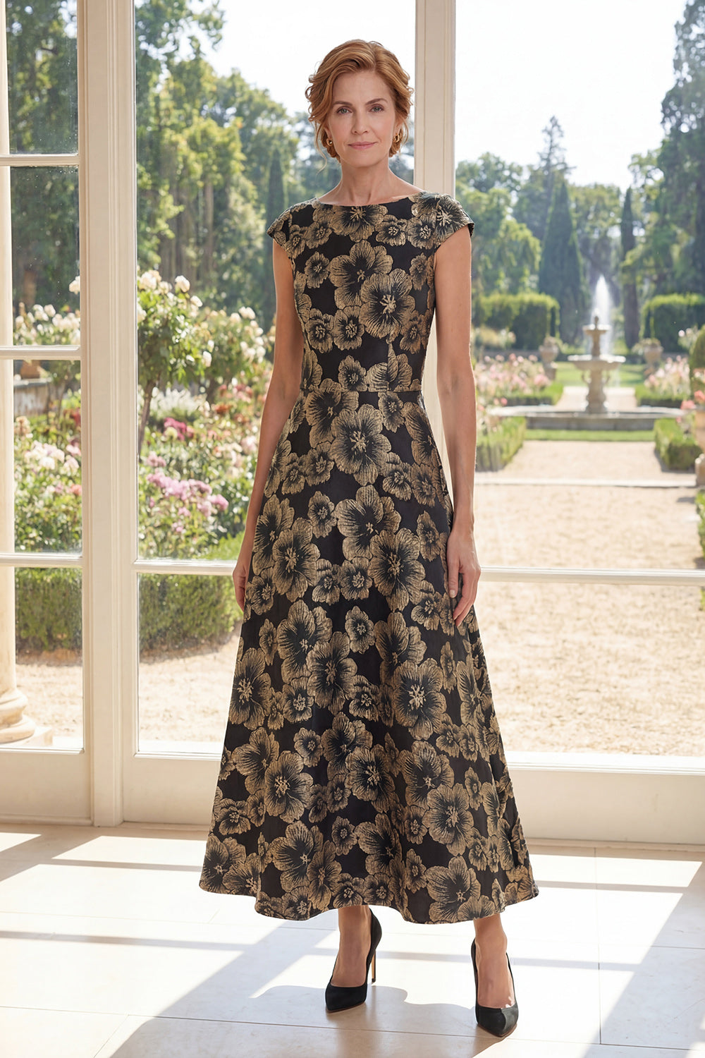 Black Bateau Neck Floral A Line Maxi Mother of the Bride Dress