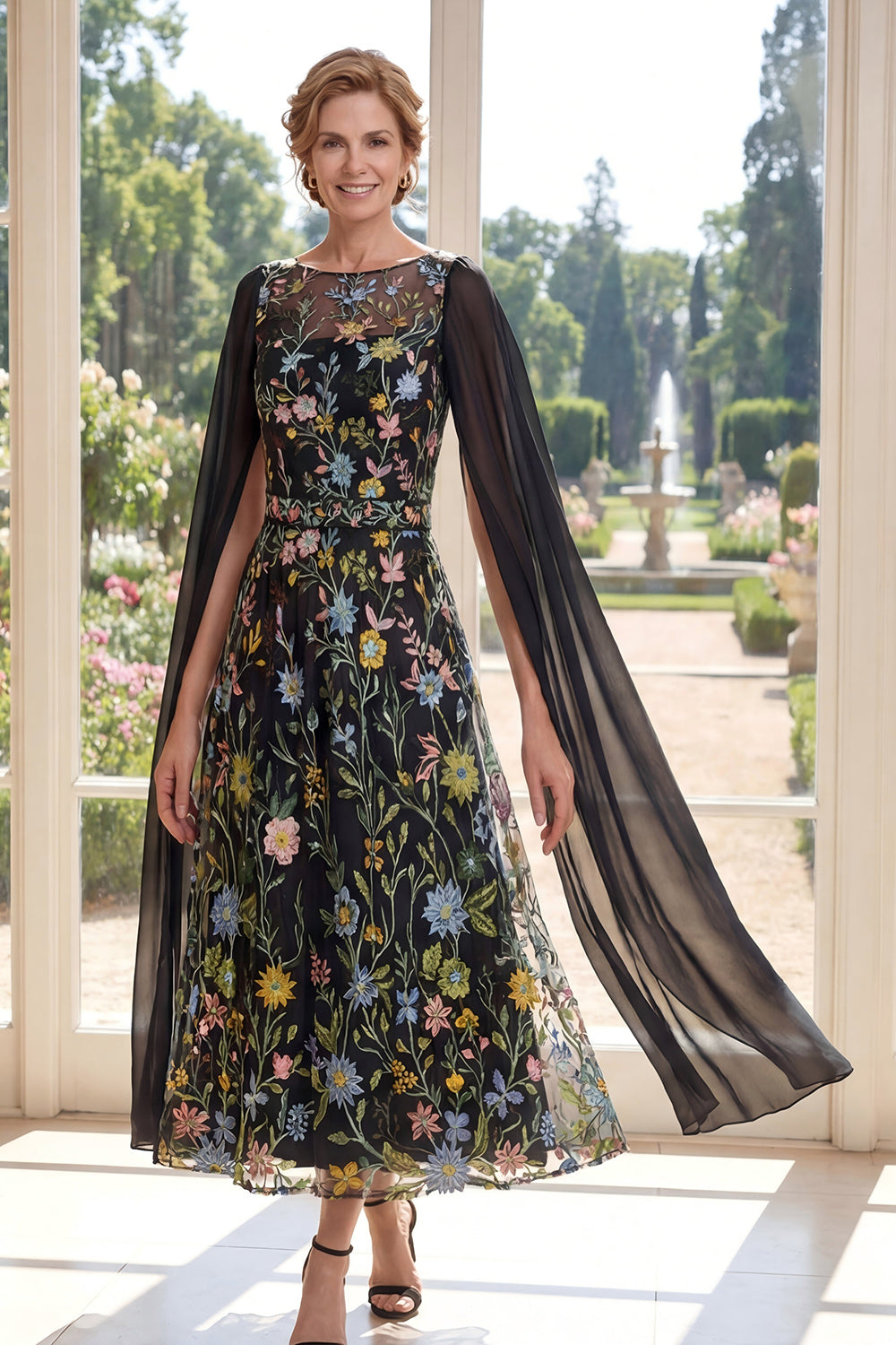 Black Boat Neck Floral A Line Long Mother of the Bride Dress with Cape
