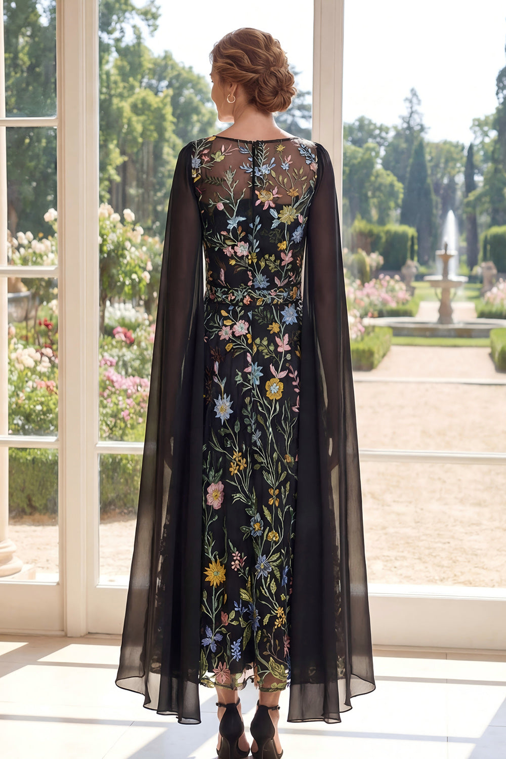 Black Boat Neck Floral A Line Long Mother of the Bride Dress with Cape