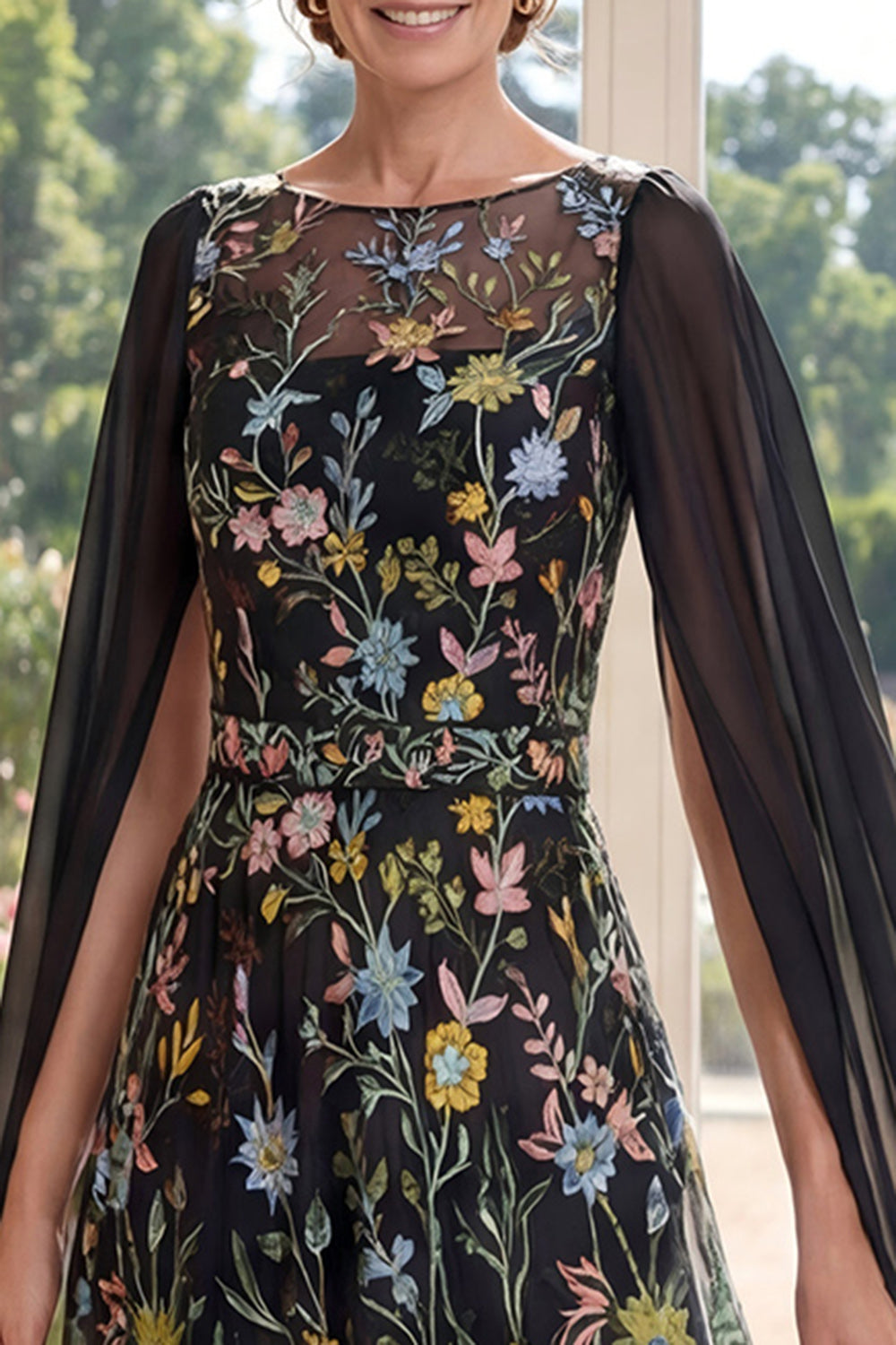 Black Boat Neck Floral A Line Long Mother of the Bride Dress with Cape