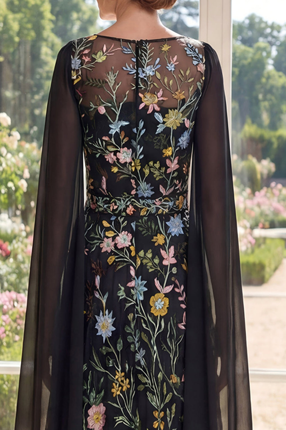 Black Boat Neck Floral A Line Long Mother of the Bride Dress with Cape