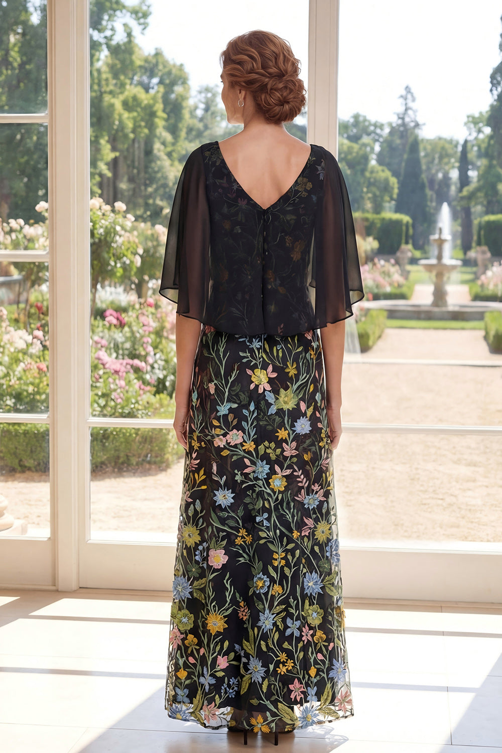 A Line V-Neck Long Black Floral Mother of the Bride Dress with Cape