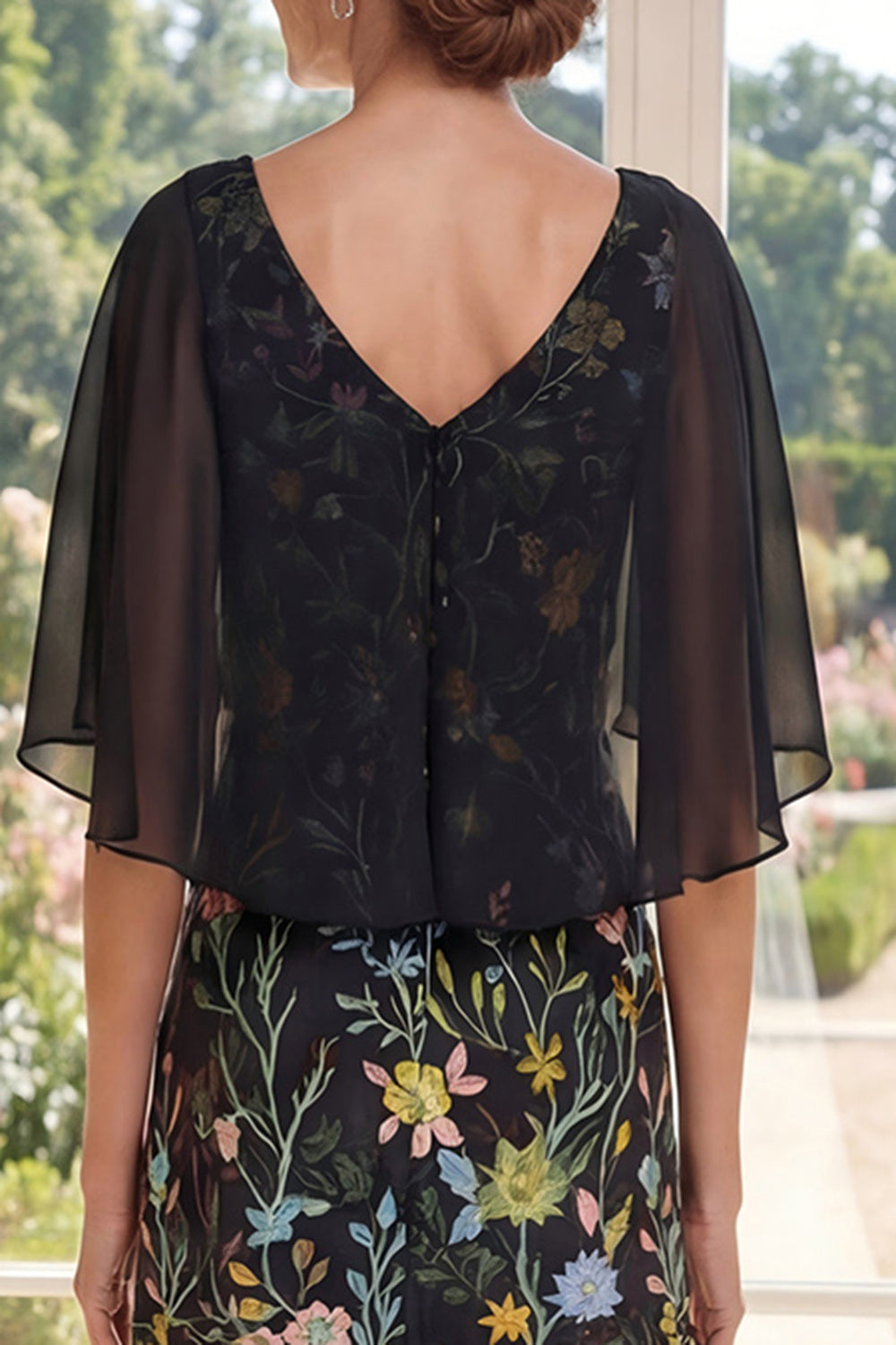 A Line V-Neck Long Black Floral Mother of the Bride Dress with Cape