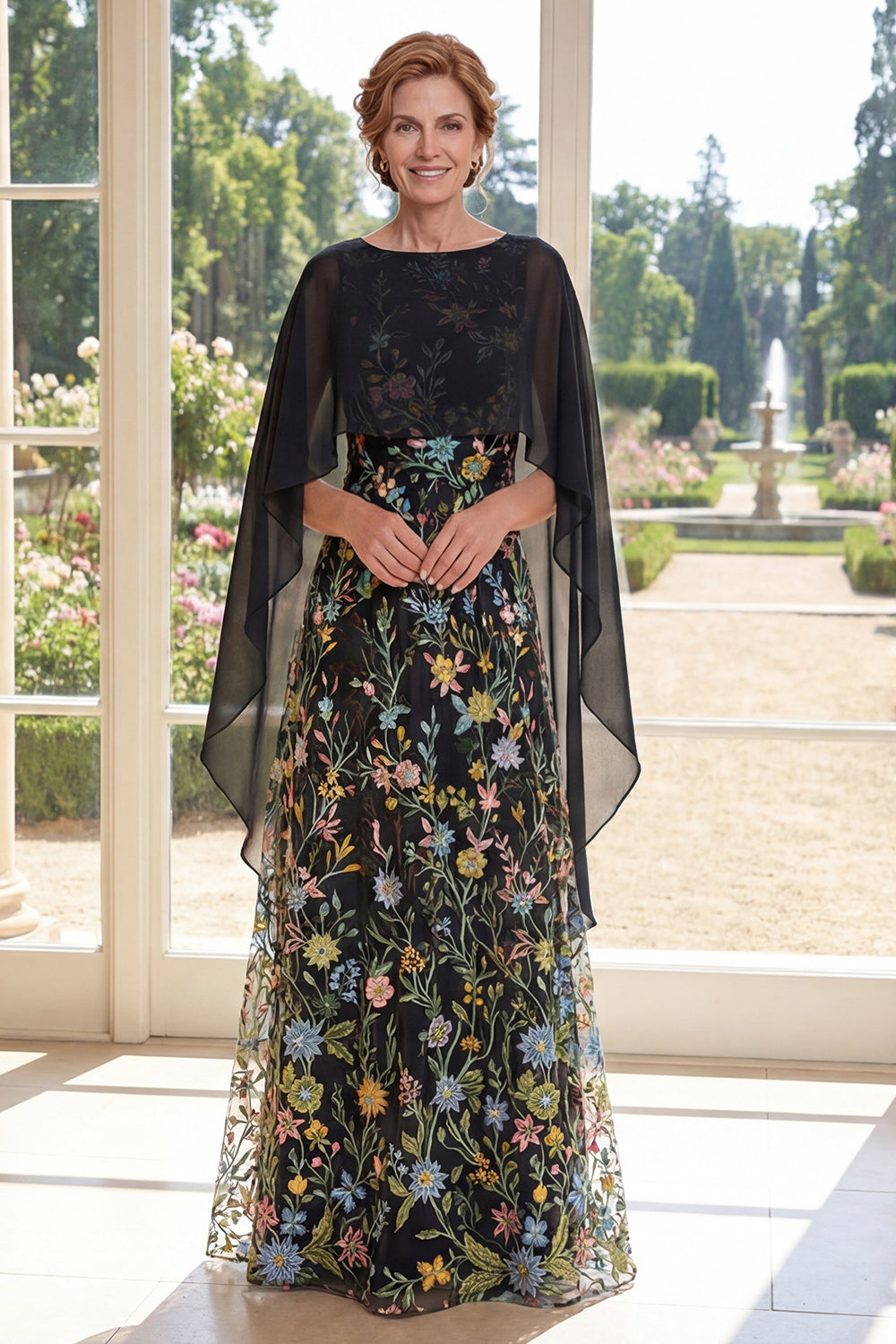 Boat Neck Black Floral aRuffled A Line Long Mother of the Bride Dress with Cape