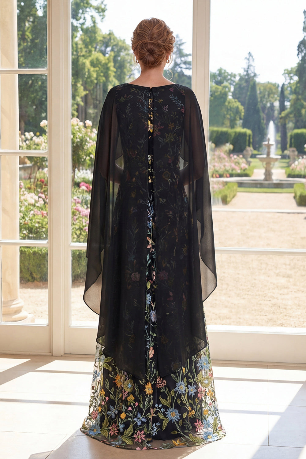 Boat Neck Black Floral aRuffled A Line Long Mother of the Bride Dress with Cape