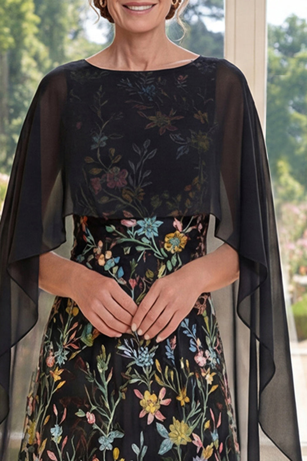 Boat Neck Black Floral aRuffled A Line Long Mother of the Bride Dress with Cape