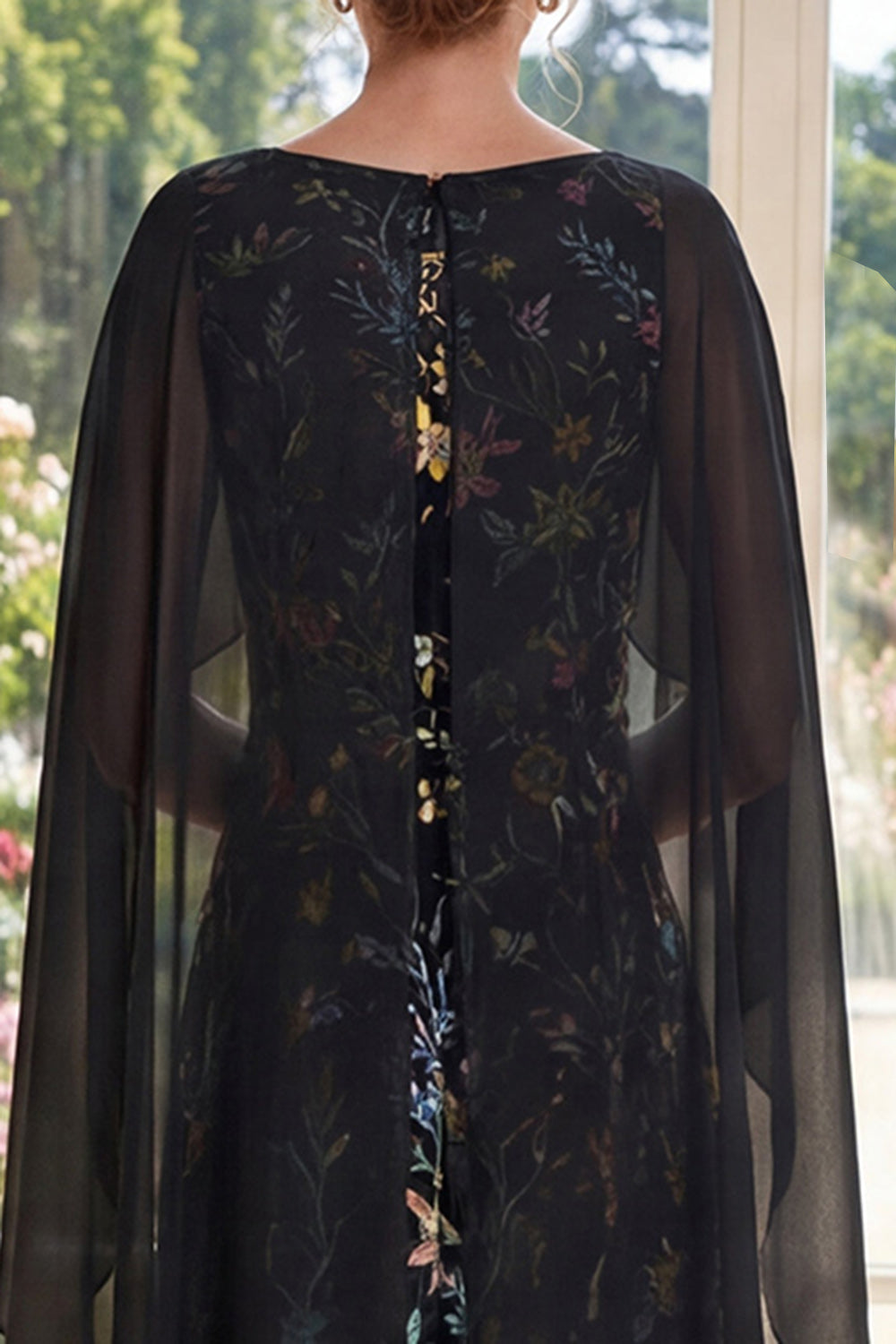 Boat Neck Black Floral aRuffled A Line Long Mother of the Bride Dress with Cape