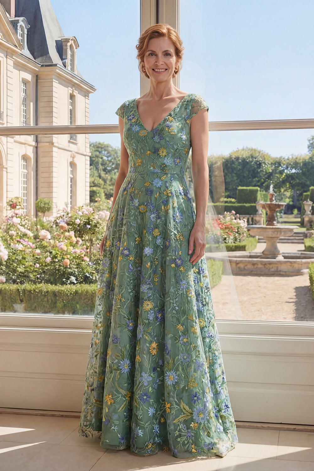 A Line Long V-Neck Cap Sleeves Green Floral Mother of the Bride Dress