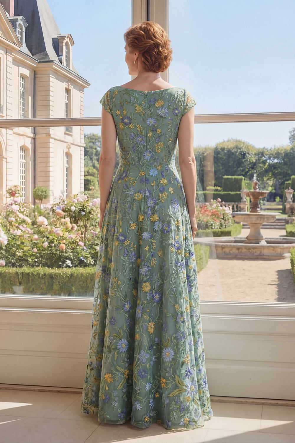 A Line Long V-Neck Cap Sleeves Green Floral Mother of the Bride Dress
