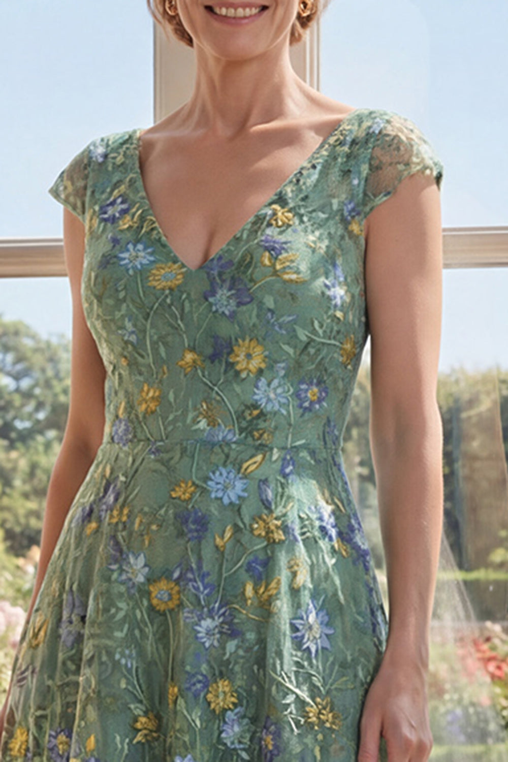 A Line Long V-Neck Cap Sleeves Green Floral Mother of the Bride Dress