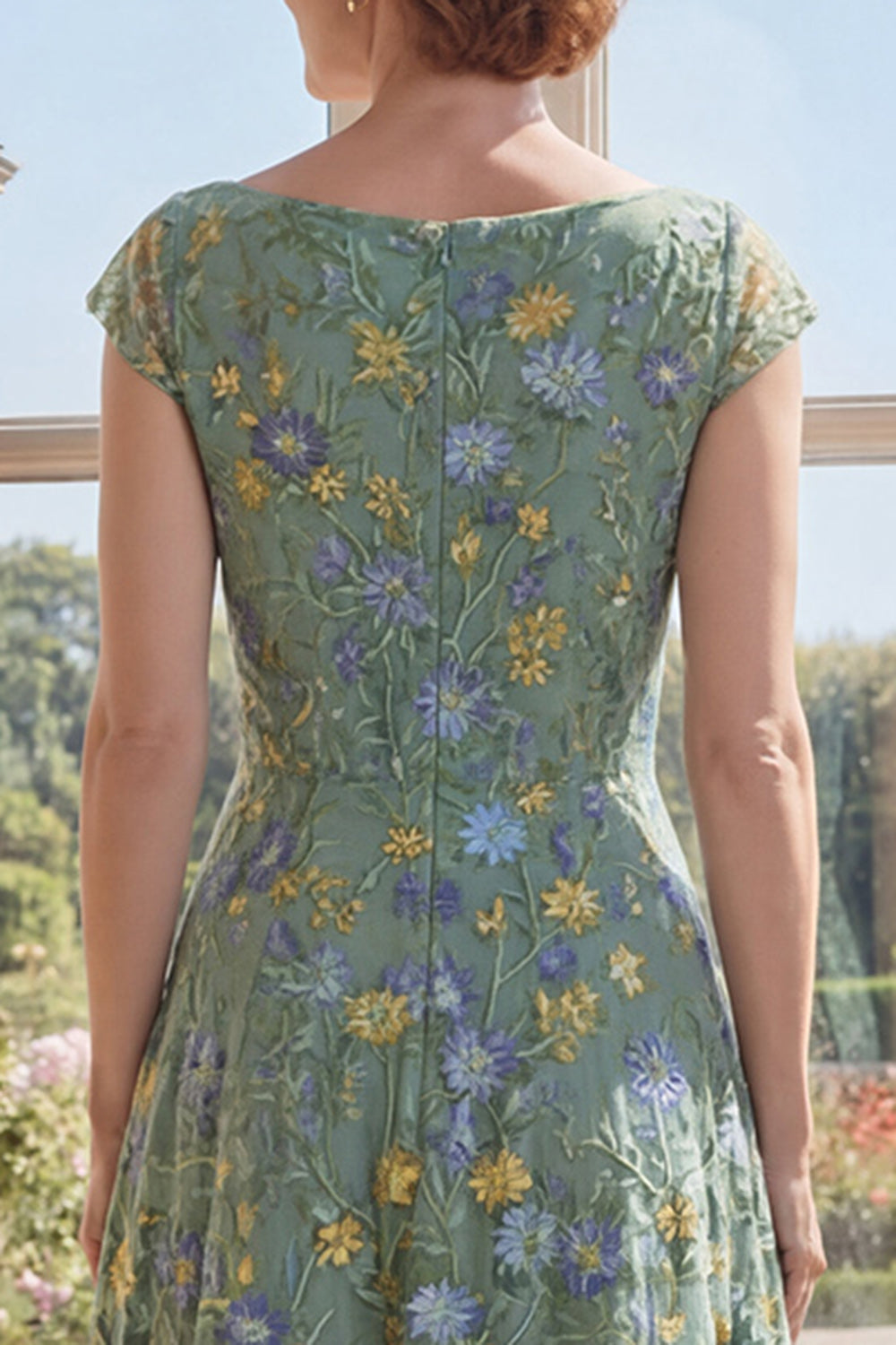 A Line Long V-Neck Cap Sleeves Green Floral Mother of the Bride Dress