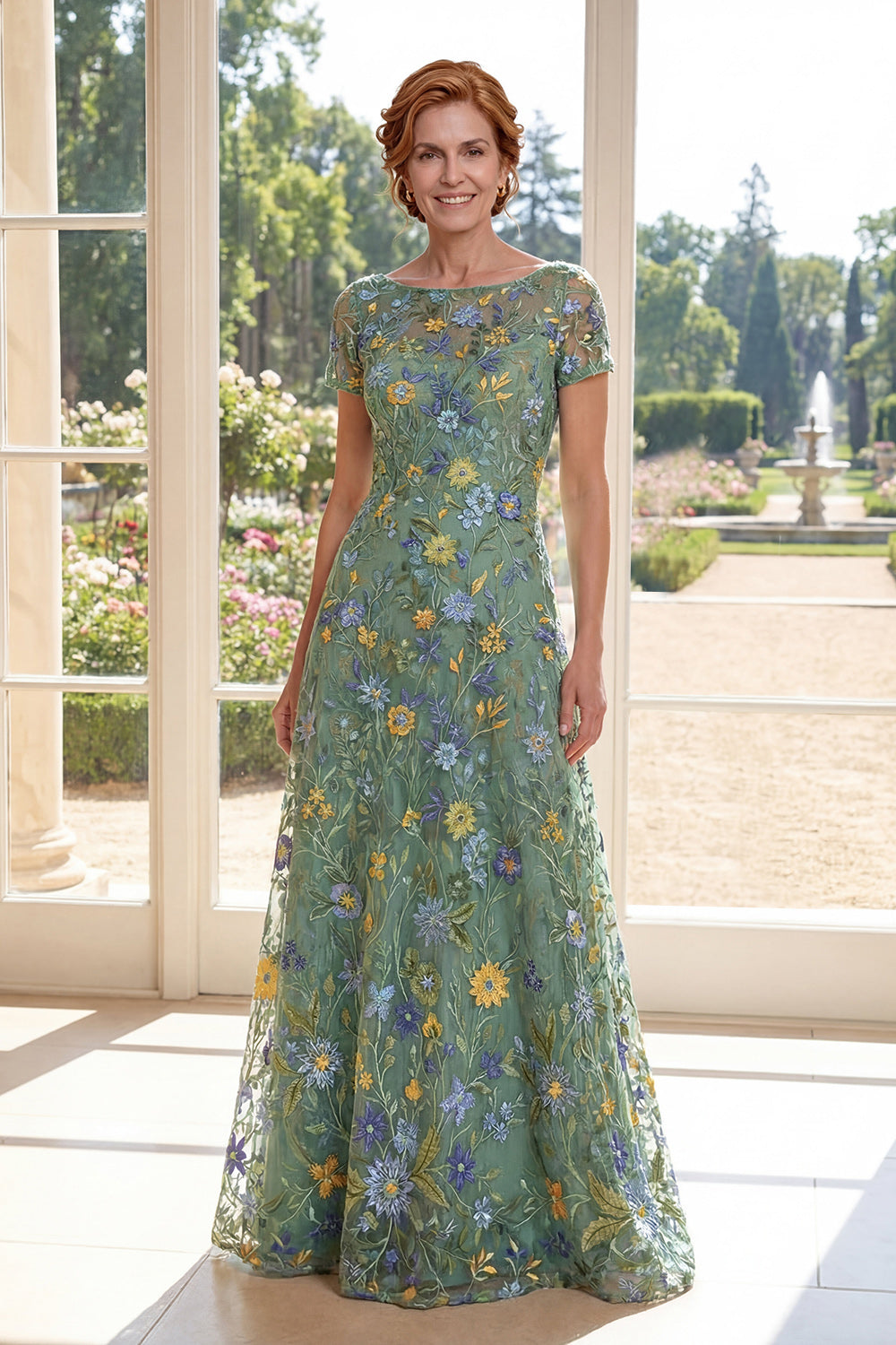 Green Short Sleeves A Line Long Floral Boat Neck Mother of the Bride Dress
