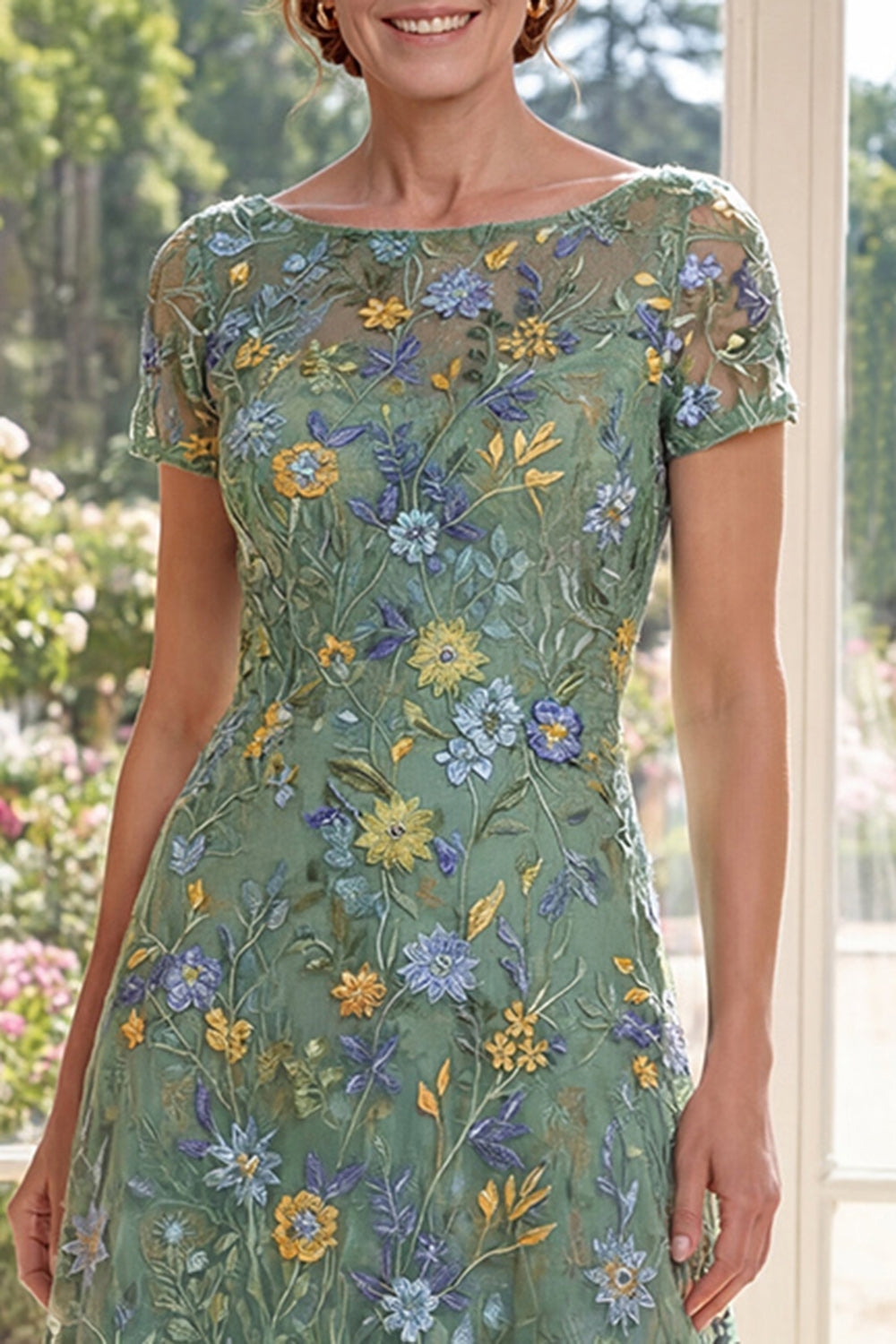 Green Short Sleeves A Line Long Floral Boat Neck Mother of the Bride Dress