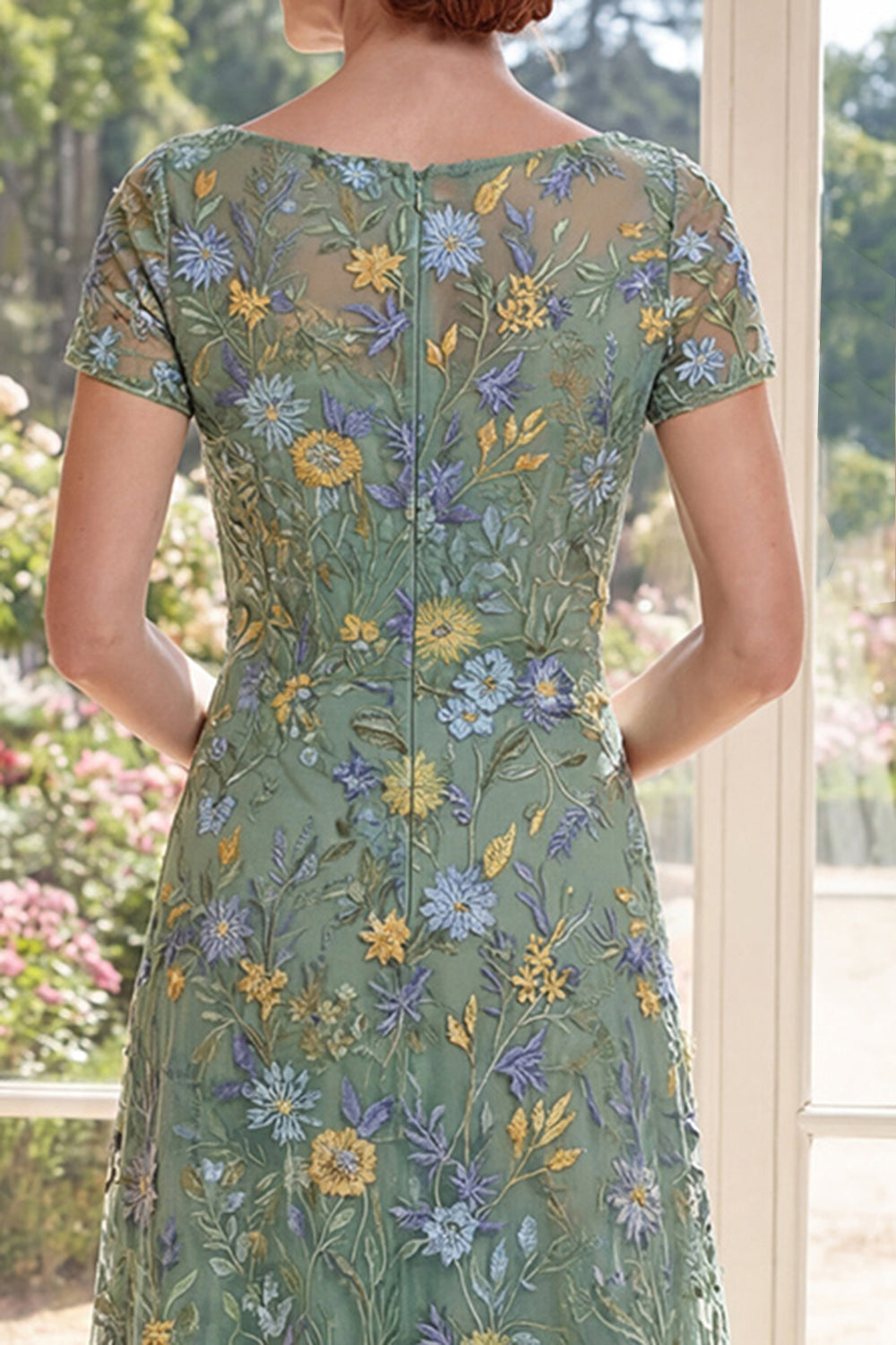 Green Short Sleeves A Line Long Floral Boat Neck Mother of the Bride Dress